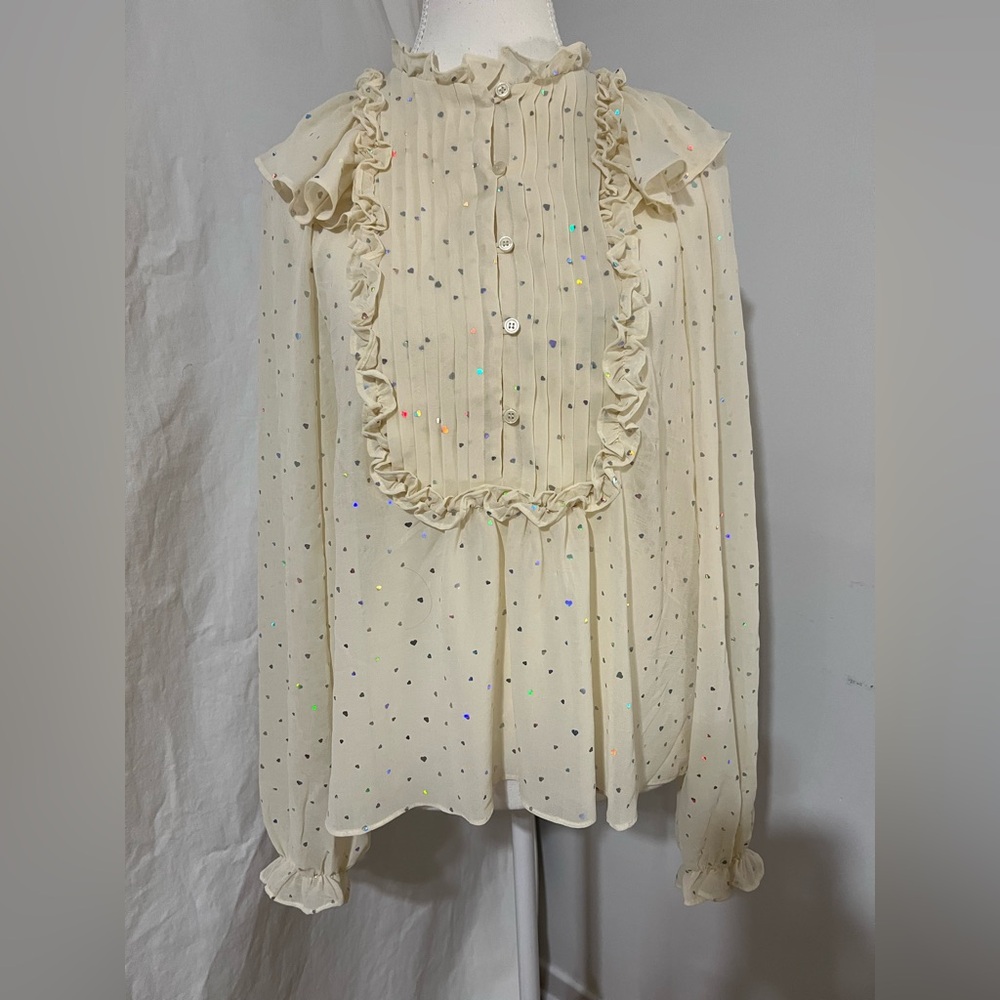 Chic Cream Ruffled Blouse with Subtle Sparkle